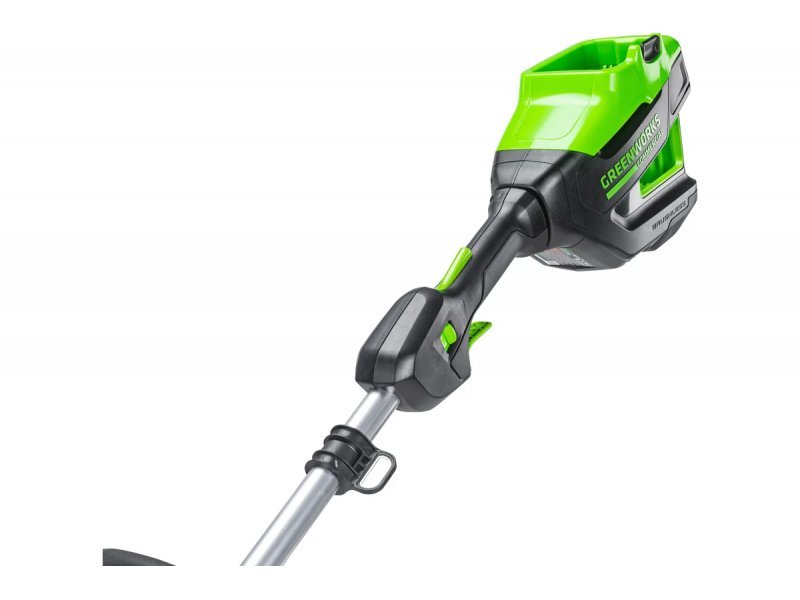 Greenworks GD82LT общий вид триммера с деталями конструкции штанги