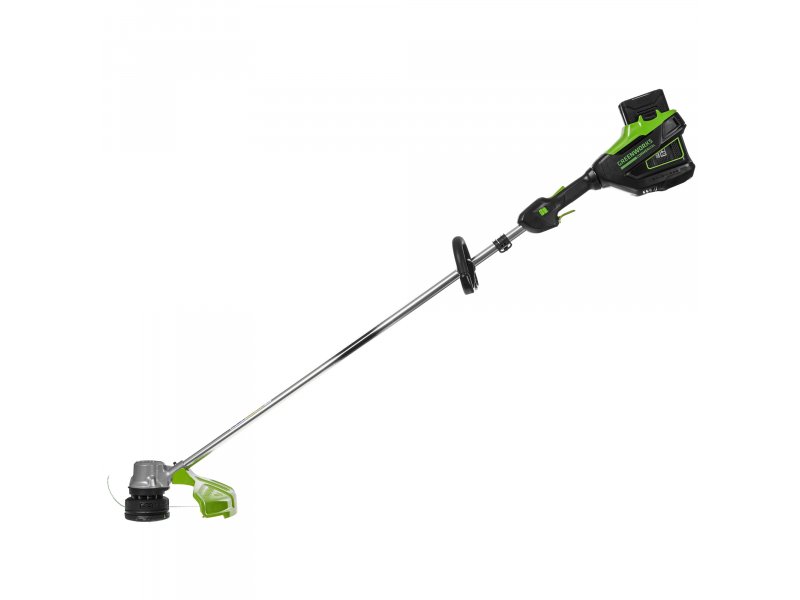Greenworks GD82LTK5 в сборе, вид сбоку — длина штанги и пропорции инструмента