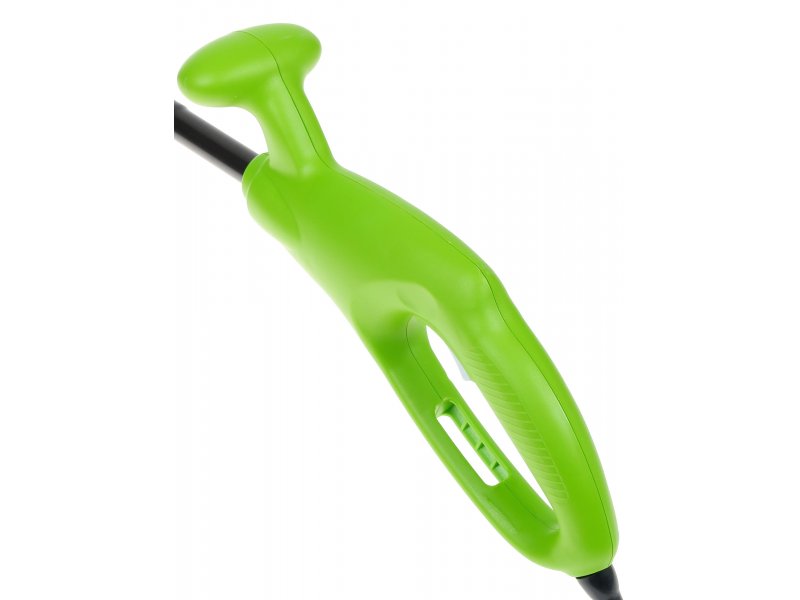 Greenworks GST2830 нижняя часть корпуса кнопка управления зелёный моторный отсек боковой профиль