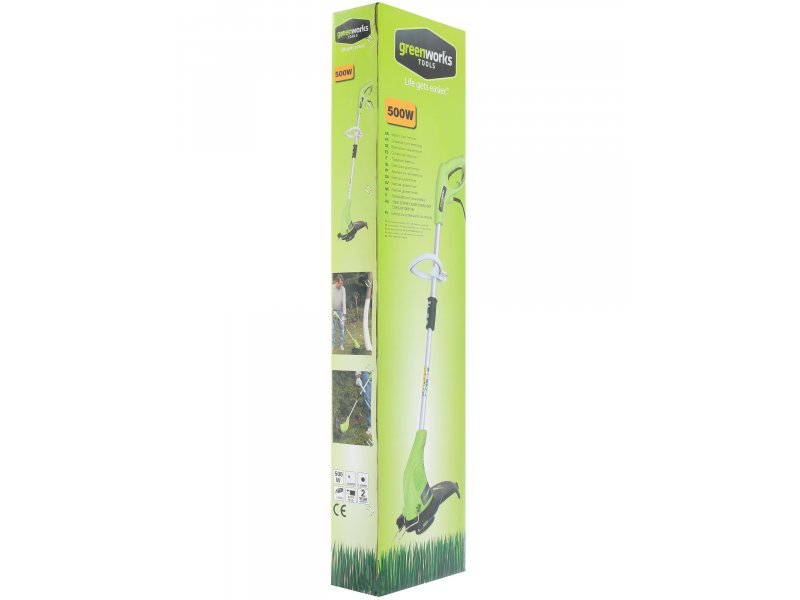 Greenworks GST5033 — упаковка с маркировкой 500 Вт и фотографиями применения