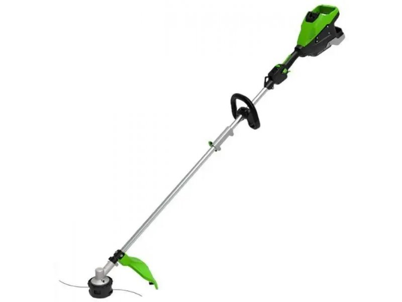 Greenworks ST161S электрический триммер 1600 Вт &mdash; общий вид сбоку, прямая штанга, D-образная рукоятка, головка с леской