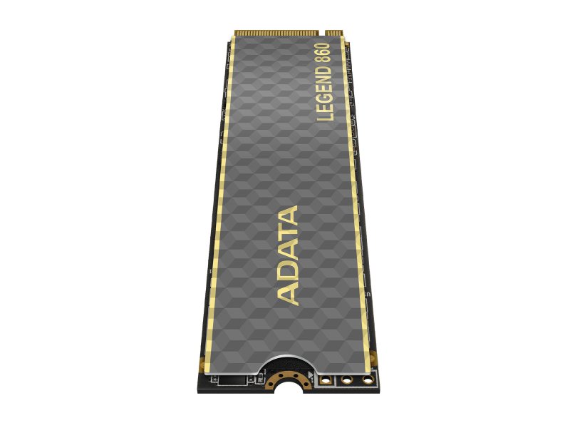 ADATA Legend 860 вид перпендикулярно плате с логотипом ADATA и электронными компонентами NVMe SSD