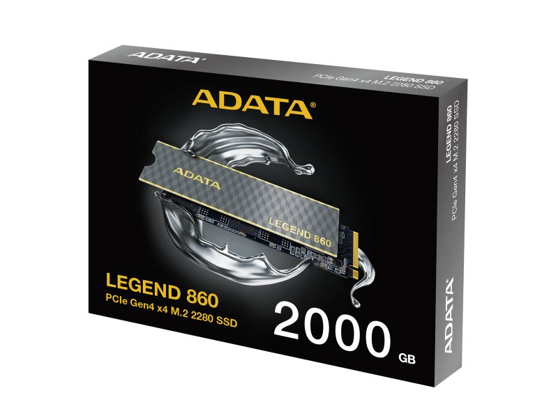 Упаковка ADATA Legend 860 2000 ГБ PCIe Gen 4 x4 M.2 2280 с изображением накопителя и техническими характеристиками
