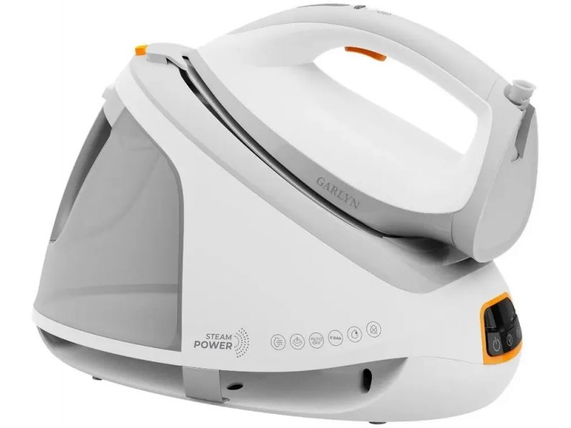 Garlyn GST-06 белый парогенератор с утюгом — вид сбоку, оранжевые акценты, дисплей и панель управления