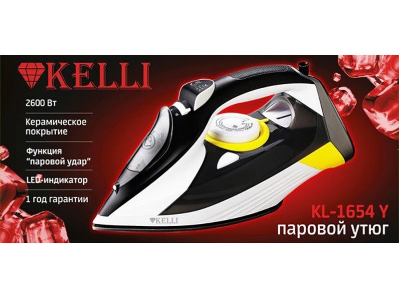 Kelli KL-1654 упаковка &mdash; характеристики 2600 Вт, керамическое покрытие, паровой удар, гарантия 1 год