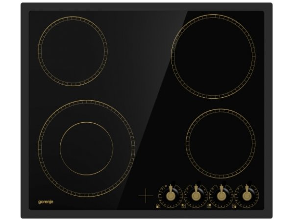 Gorenje EC 642 CLB вид спереди — стеклокерамическая варочная панель с четырьмя конфорками и поворотными регуляторами