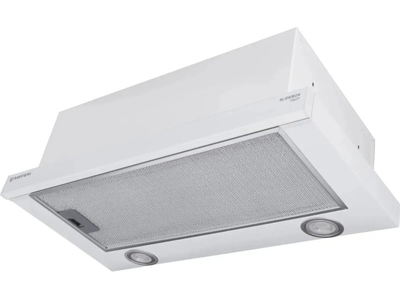 Meferi Glass Ultra SlideBox60WH белый &mdash; вид спереди, выдвижная стеклянная панель, металлическая сетка фильтра