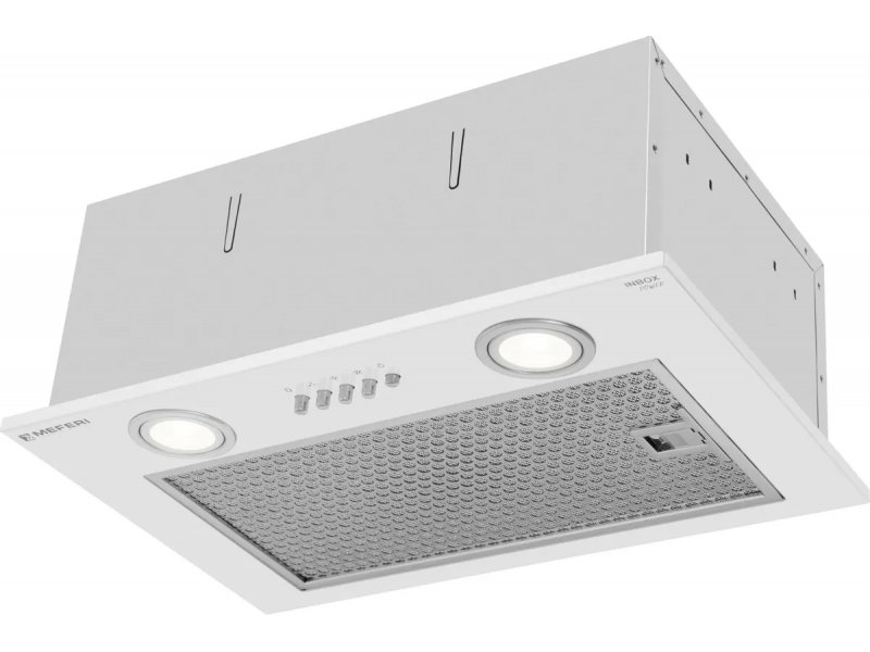 Meferi Power Inbox45WH белая встраиваемая вытяжка 45 см — вид в три четверти, жировой фильтр и кнопки управления