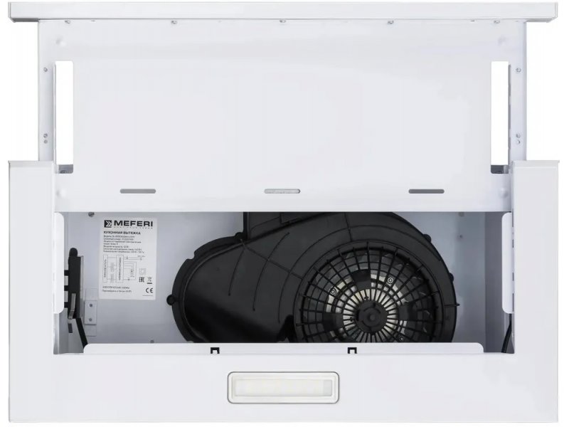 Meferi Light SlideBox60WH внутреннее устройство — мотор-вентилятор и патрубок воздуховода 120 мм
