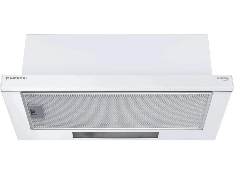Meferi SLIDEBOX60WH боковой вид тонкий белый корпус логотип MEFERI SLIDEBOX закрытое состояние