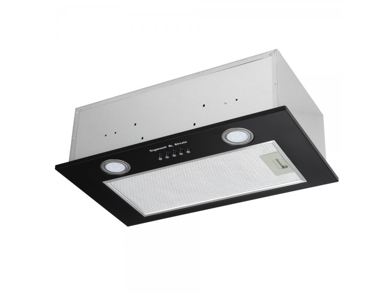 Zigmund & Shtain K 018.5 B встраиваемая вытяжка чёрная вид в перспективе с LED-подсветкой и металлическим жировым фильтром