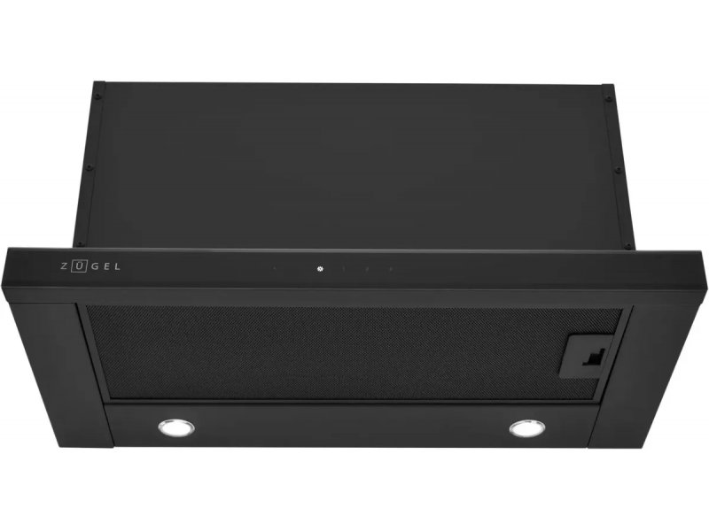 Zugel ZHT652GB вид спереди — логотип ZUGEL, выдвижной жировой фильтр, светодиодное освещение