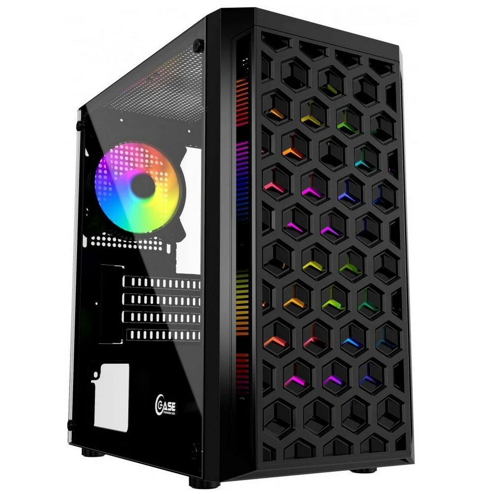 Powercase Mistral Micro T3B CMIMTB-L3 вид спереди с RGB-вентилятором и шестиугольной решёткой