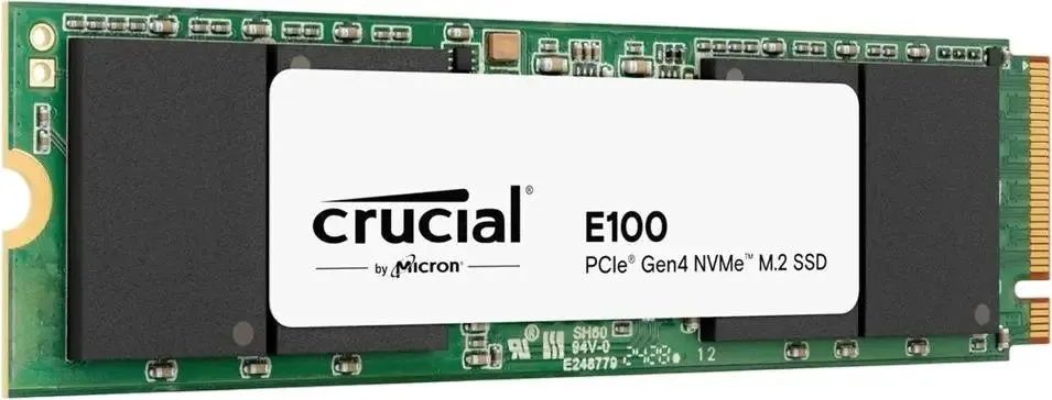 Crucial E100 2ТБ NVMe полный профиль — золотистые контакты M.2 и компоненты платы
