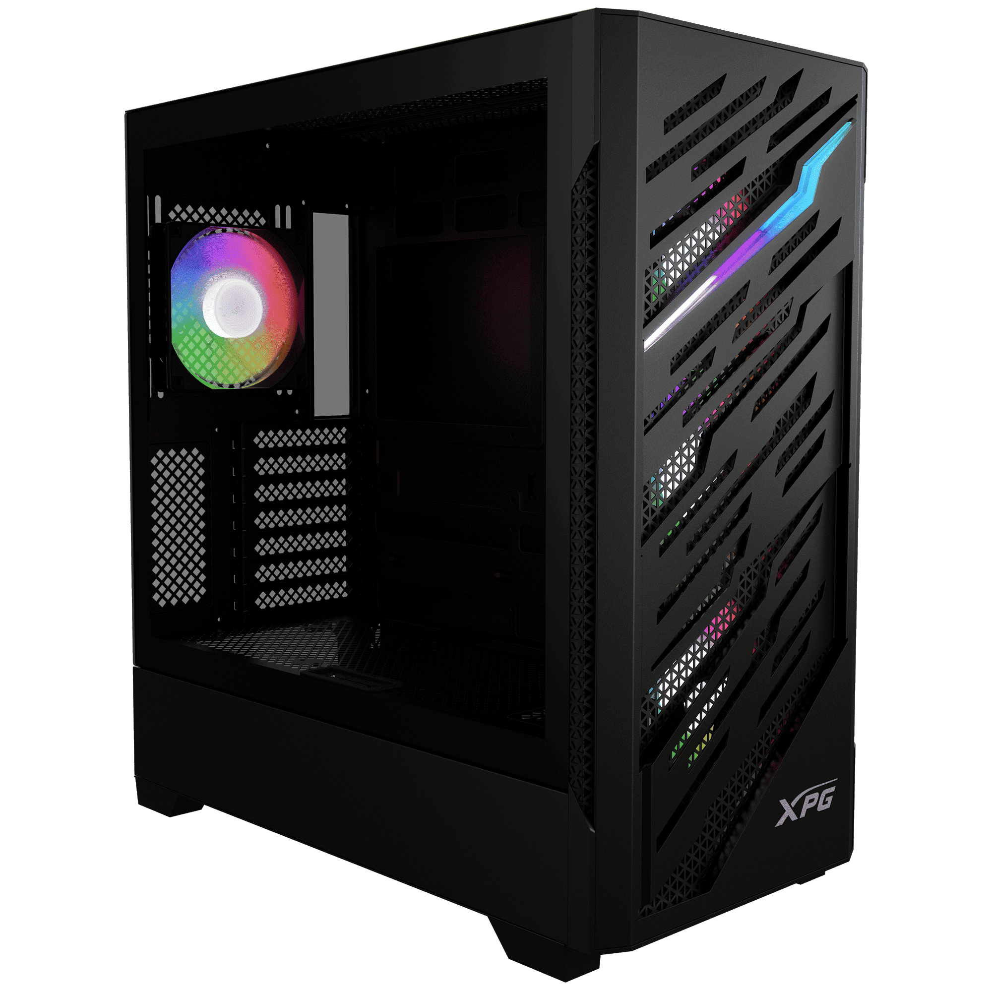 ADATA XPG STARKER AIR BTF вид в три четверти с открытой левой панелью и ARGB-вентиляторами