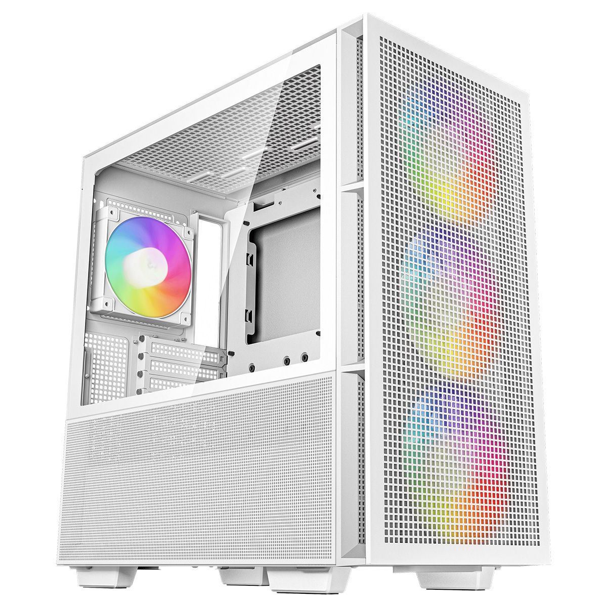 DeepCool CH560 белый корпус Mid-Tower вид спереди с открытой боковой панелью и ARGB-вентиляторами