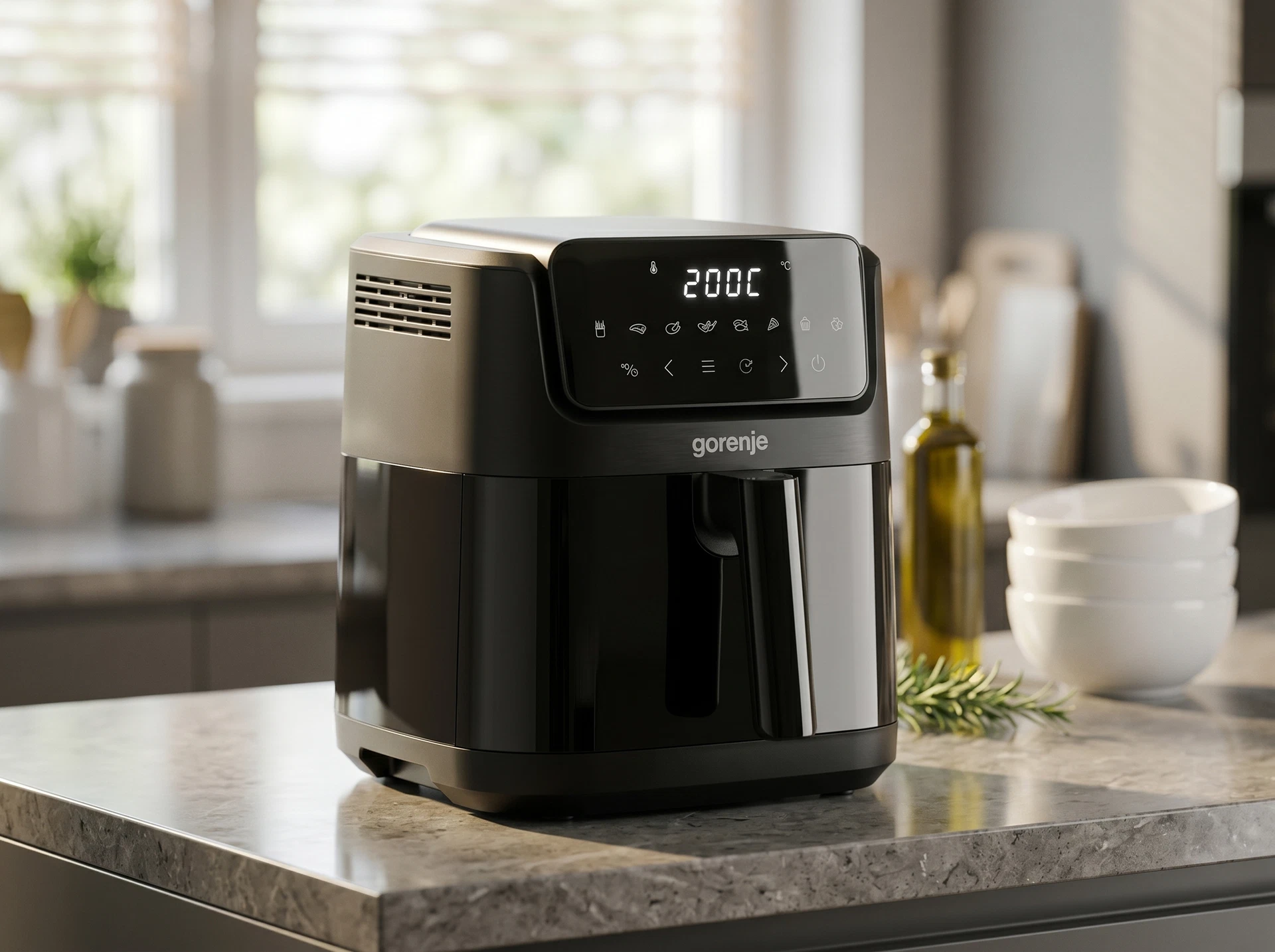 Gorenje AF1800DHB в интерьере кухни — компактные габариты 28,1×31,7×39,1 см
