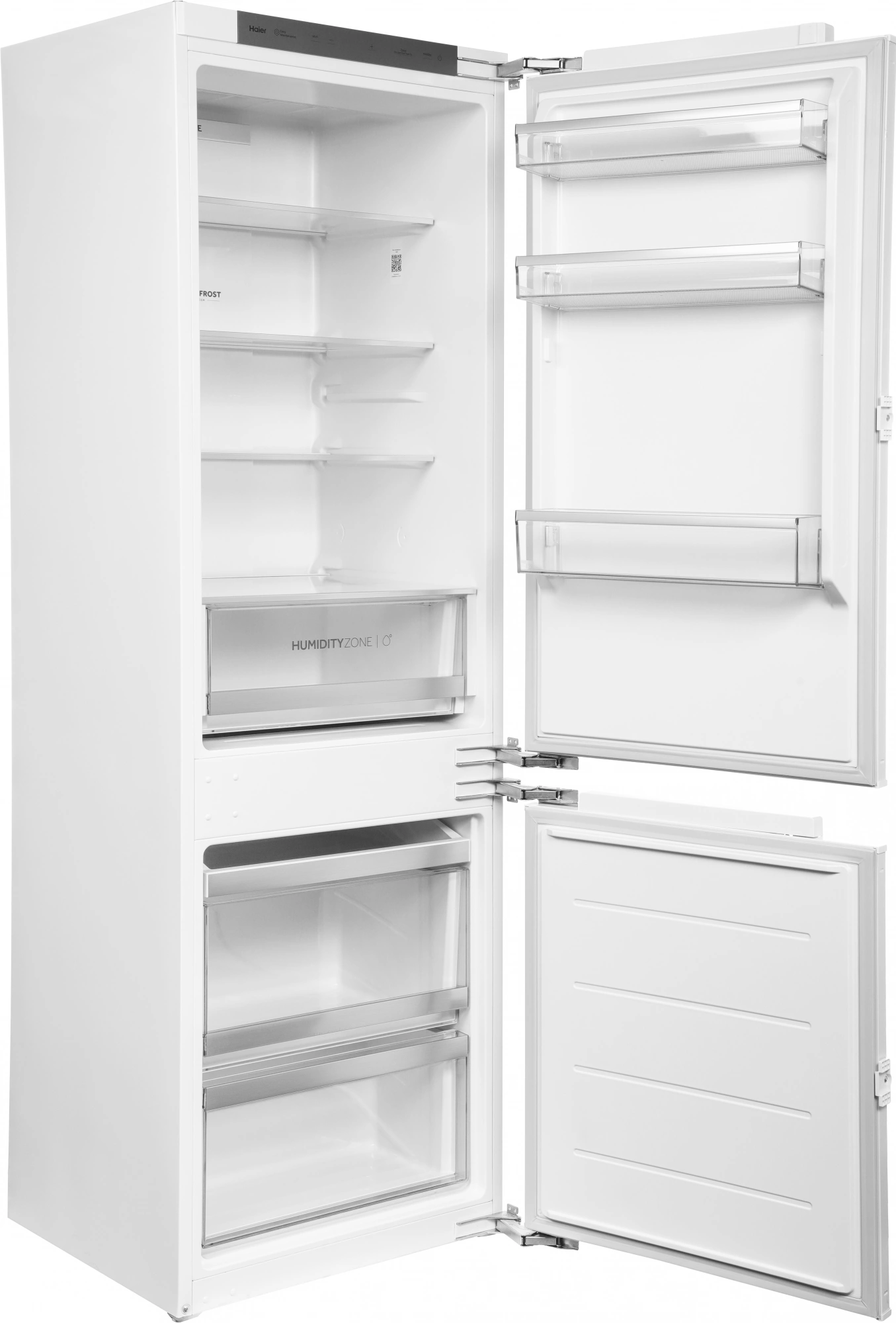 Haier BCF3261WRU встраиваемый холодильник открытый вид внутреннего устройства — полки, ящики морозилки, зона влажности