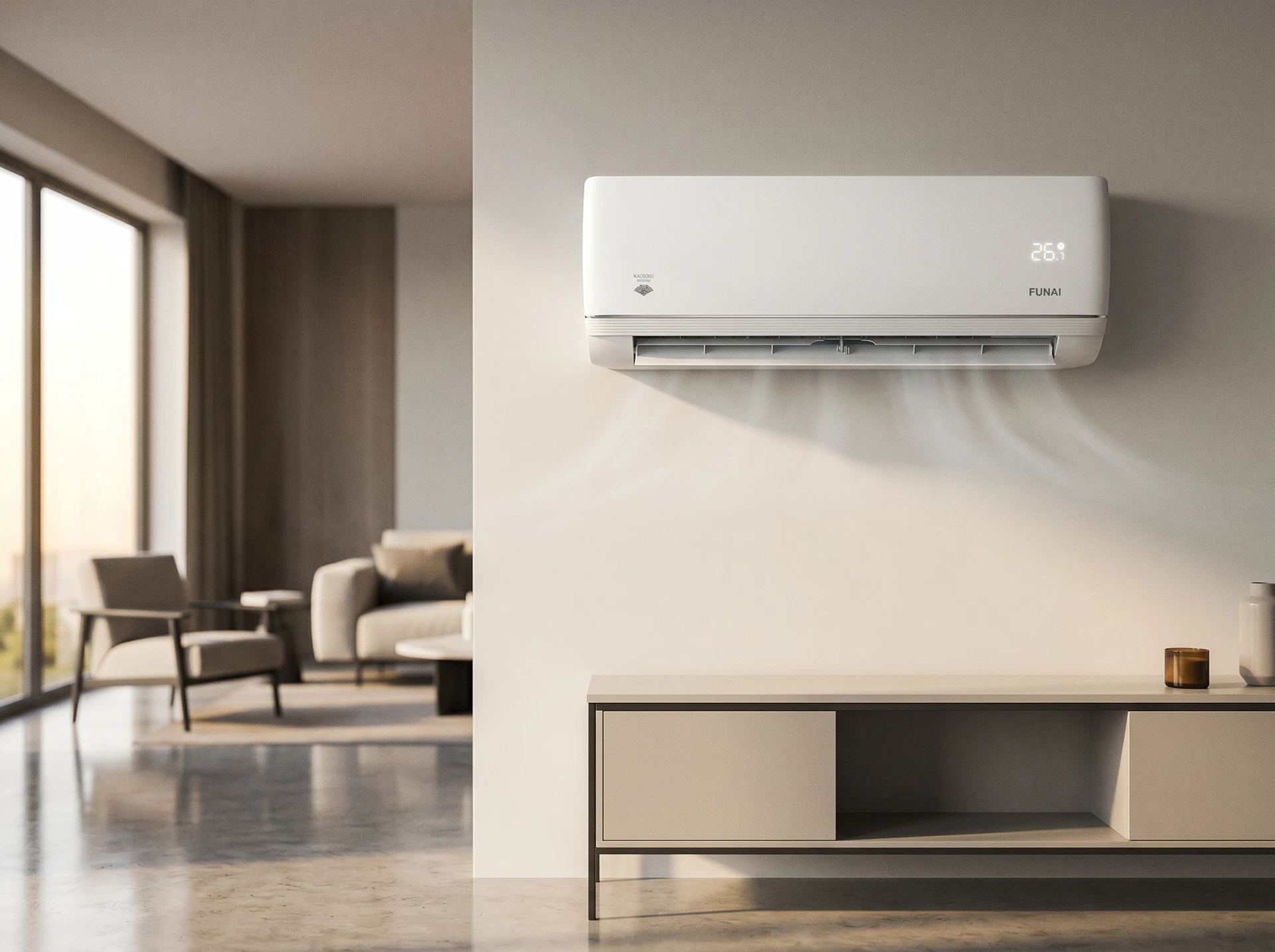 Funai RAC-I-KD25HP.D03 Kadzoku Inverter в интерьере спальни — пример настенной установки