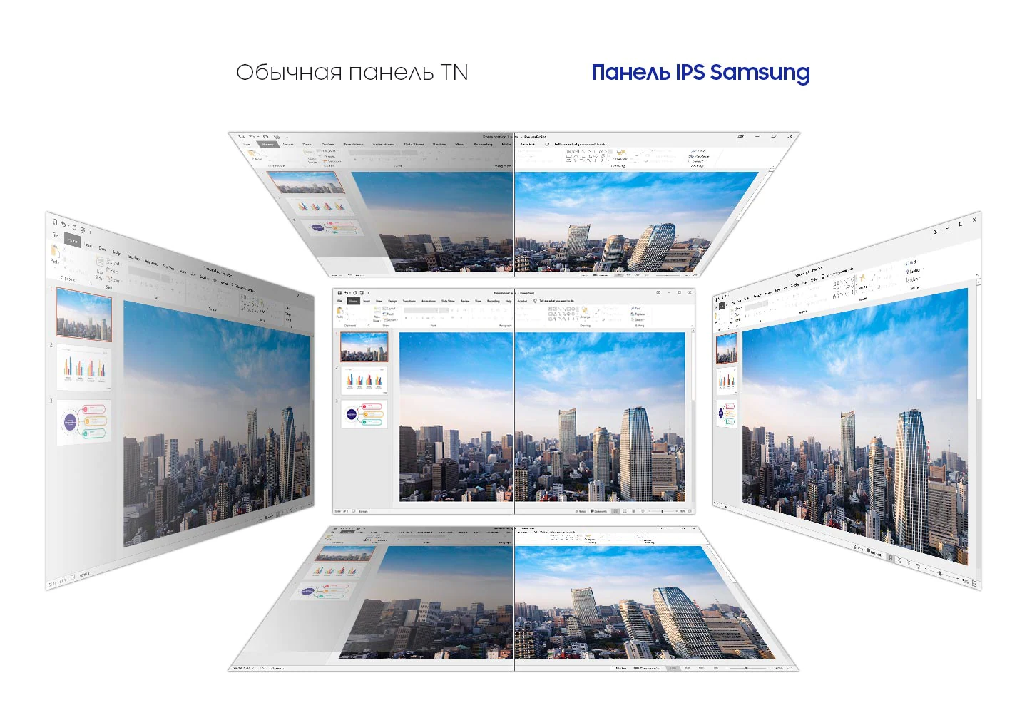 Conventional TN Panel and Samsung IPS Panel are being compared. It is similar from the front, but when viewed from the top, bottom, left and right, the screen of the TN Panel looks dark, but the IPS looks clean.