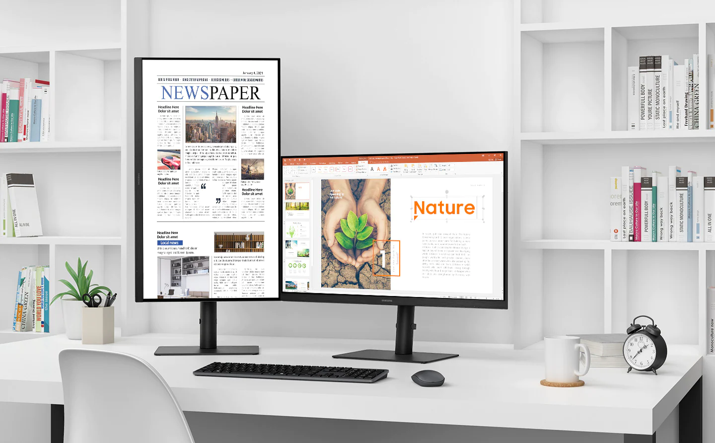 Two S40UA monitors are placed on a white desk, one in a pivot format and the other in a landscape format.