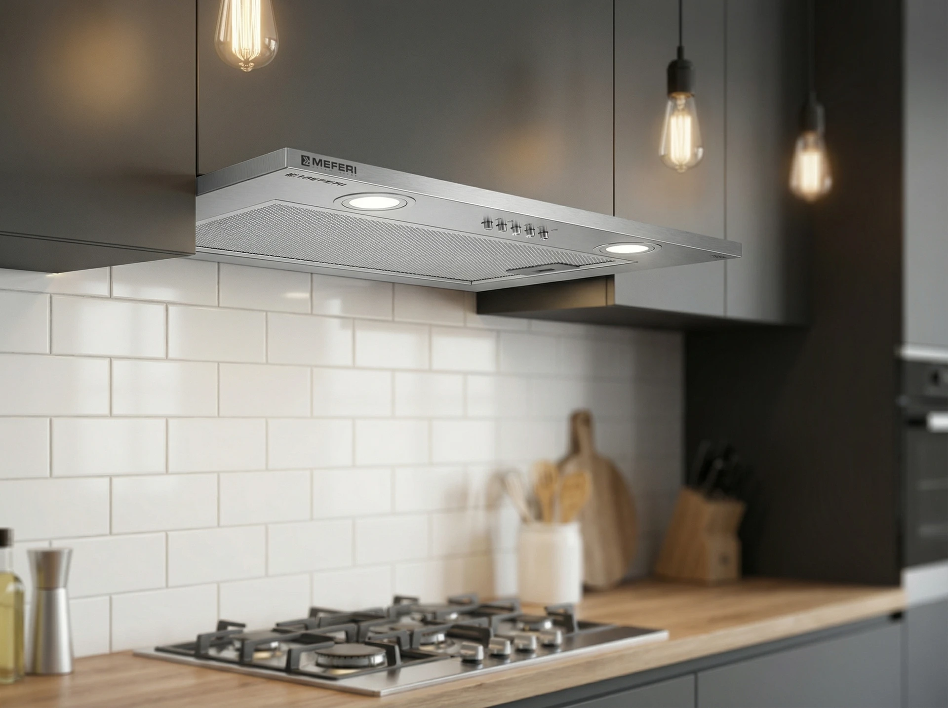 Meferi Light InBox52IX в интерьере кухни — встроена в гарнитур, не видна снаружи