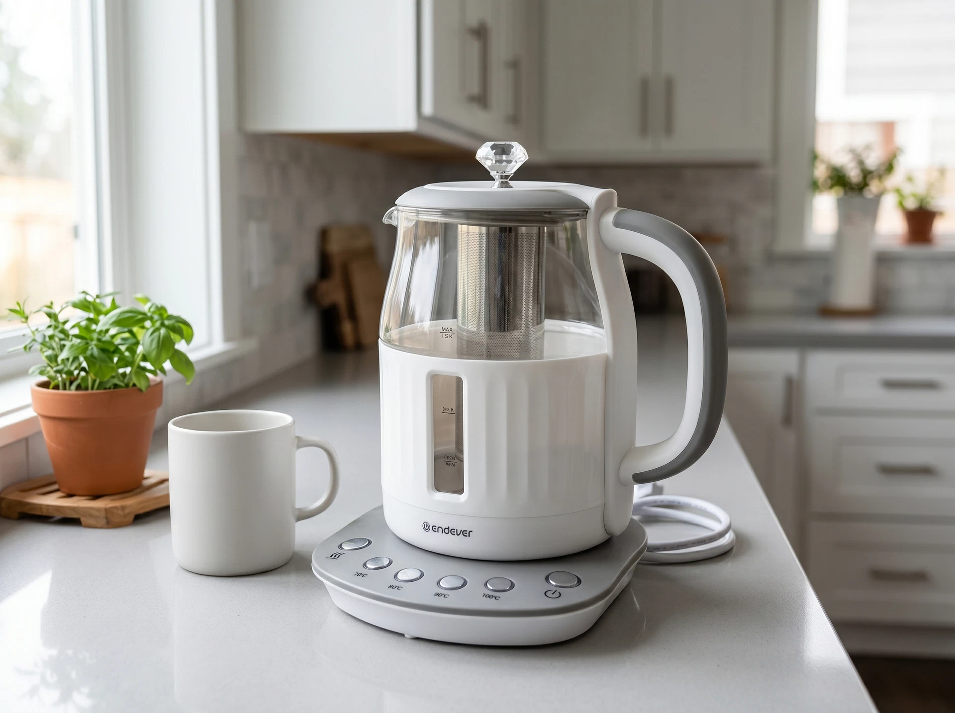 Endever Skyline KR-364G в интерьере кухни — вид сбоку, видна подставка с отсеком для шнура
