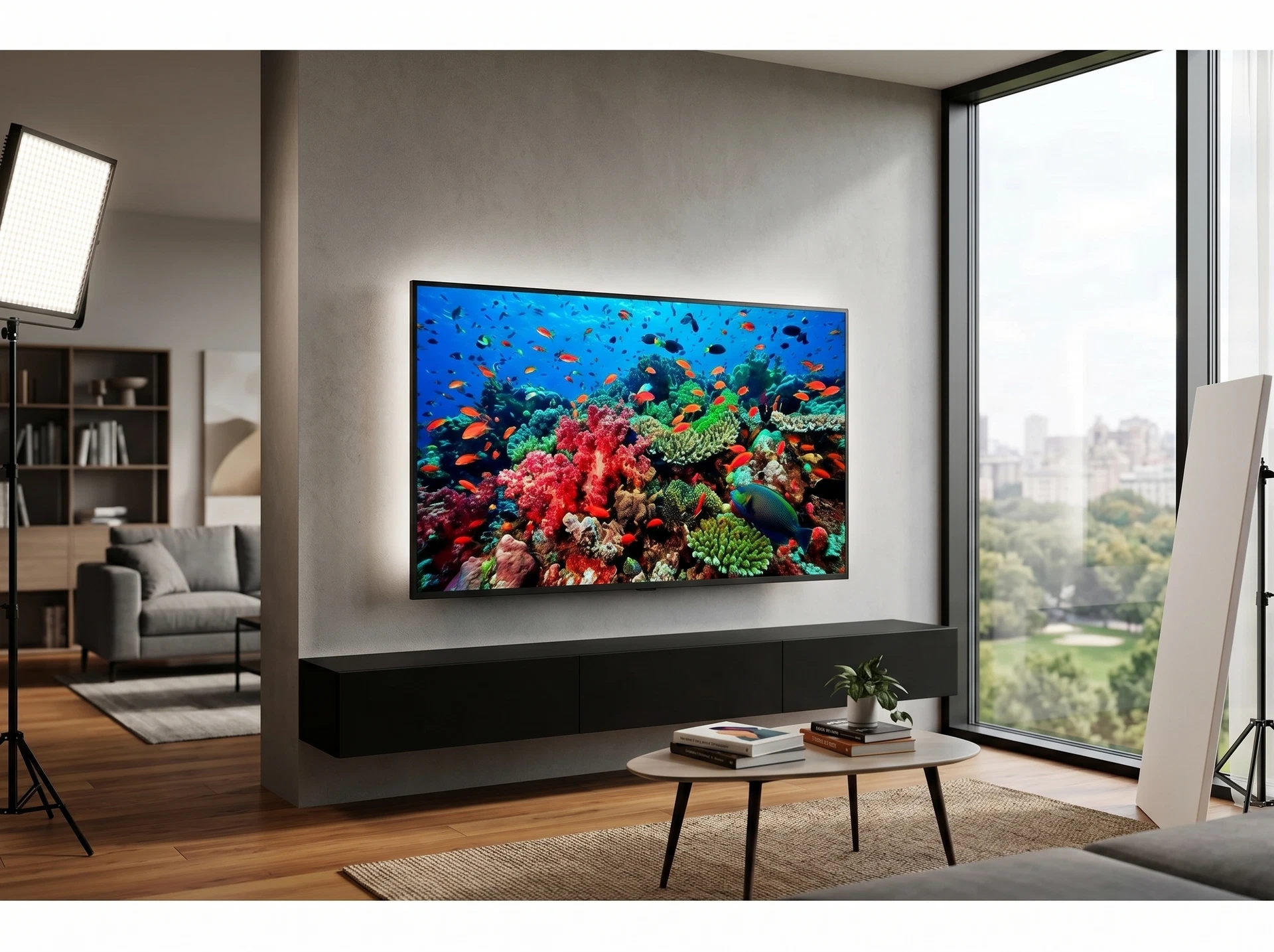 LG 55QNED85B6C в интерьере гостиной — QD Mini LED подсветка при дневном освещении