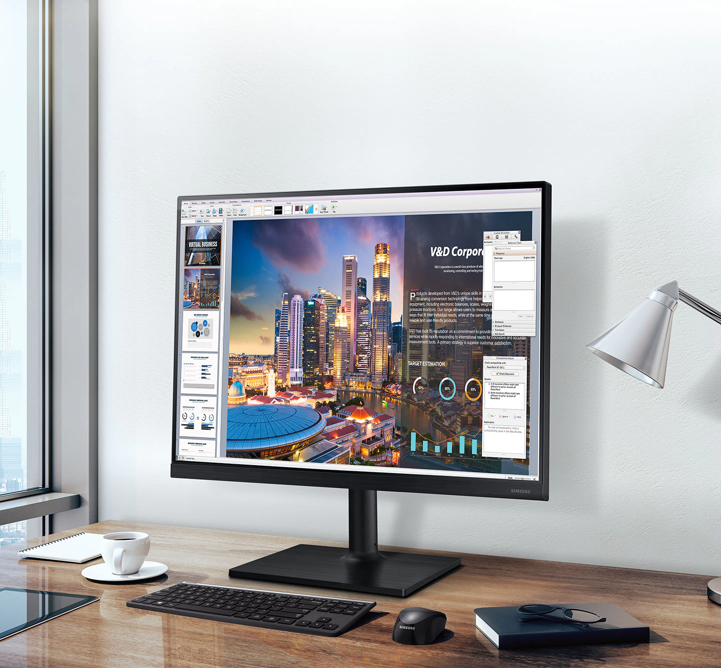 A T45F 24W monitor is placed on the desk.