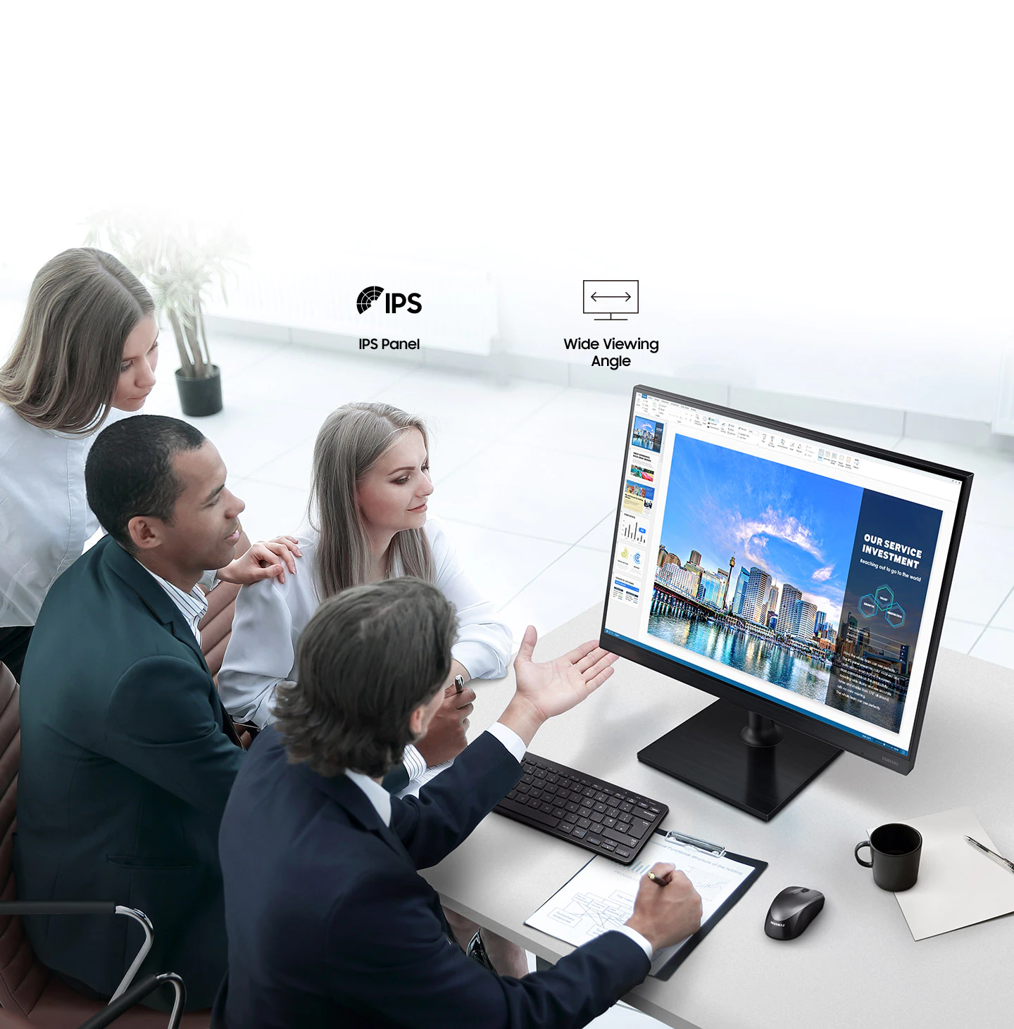 People are conversing while looking at the monitor. There is an IPS Panel, Wide viewing angle icon at the top.