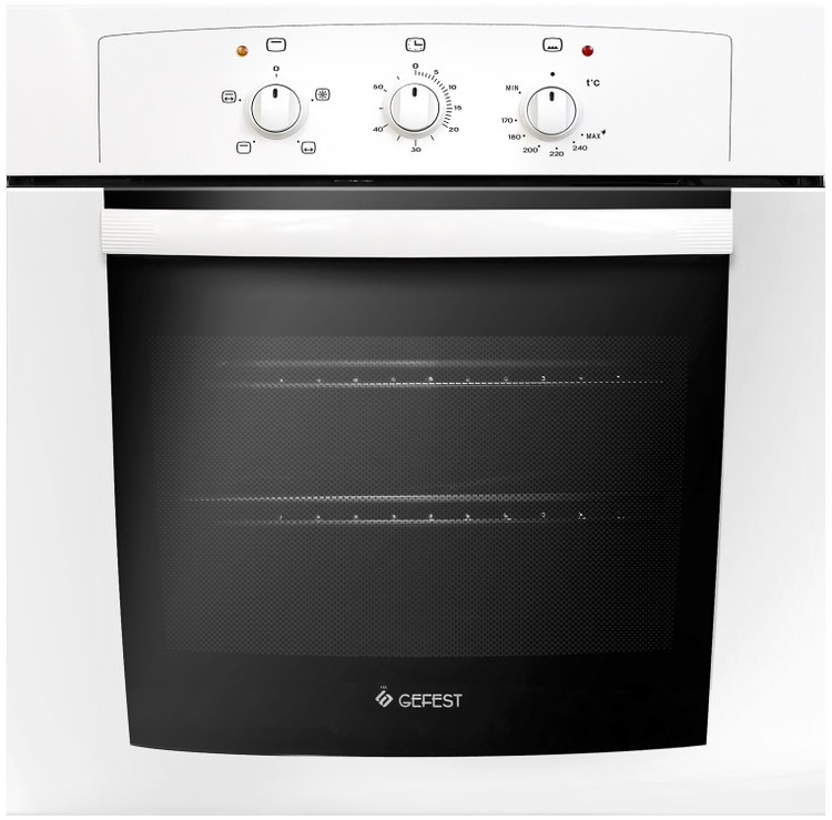 Gefest ДГЭ 601-01 газовый духовой шкаф белый корпус вид спереди поворотные регуляторы стеклянная дверца
