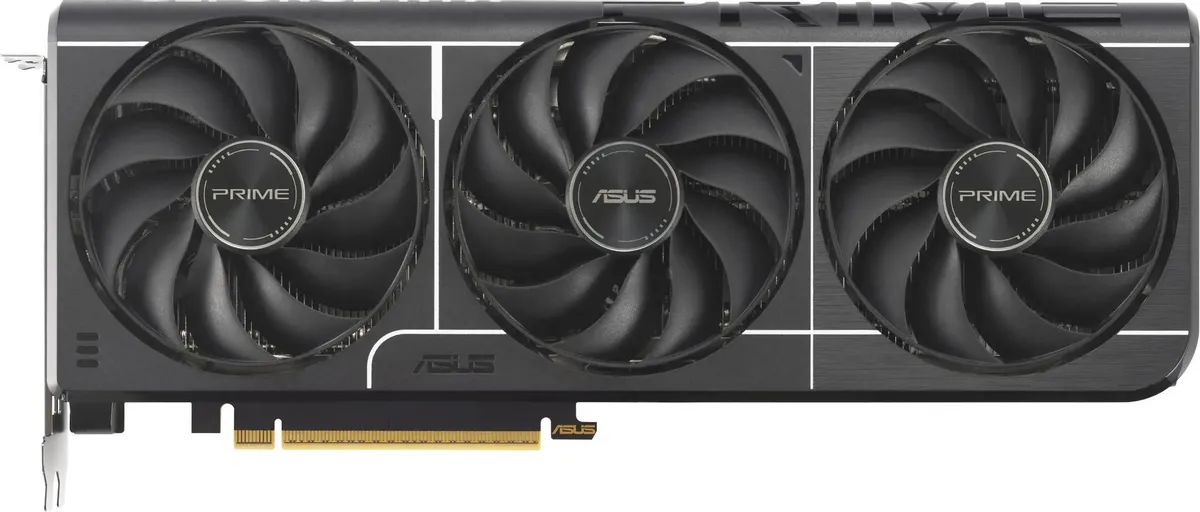 ASUS GeForce RTX 5060 Ti Prime — вид спереди, три вентилятора и золотой разъём PCIe