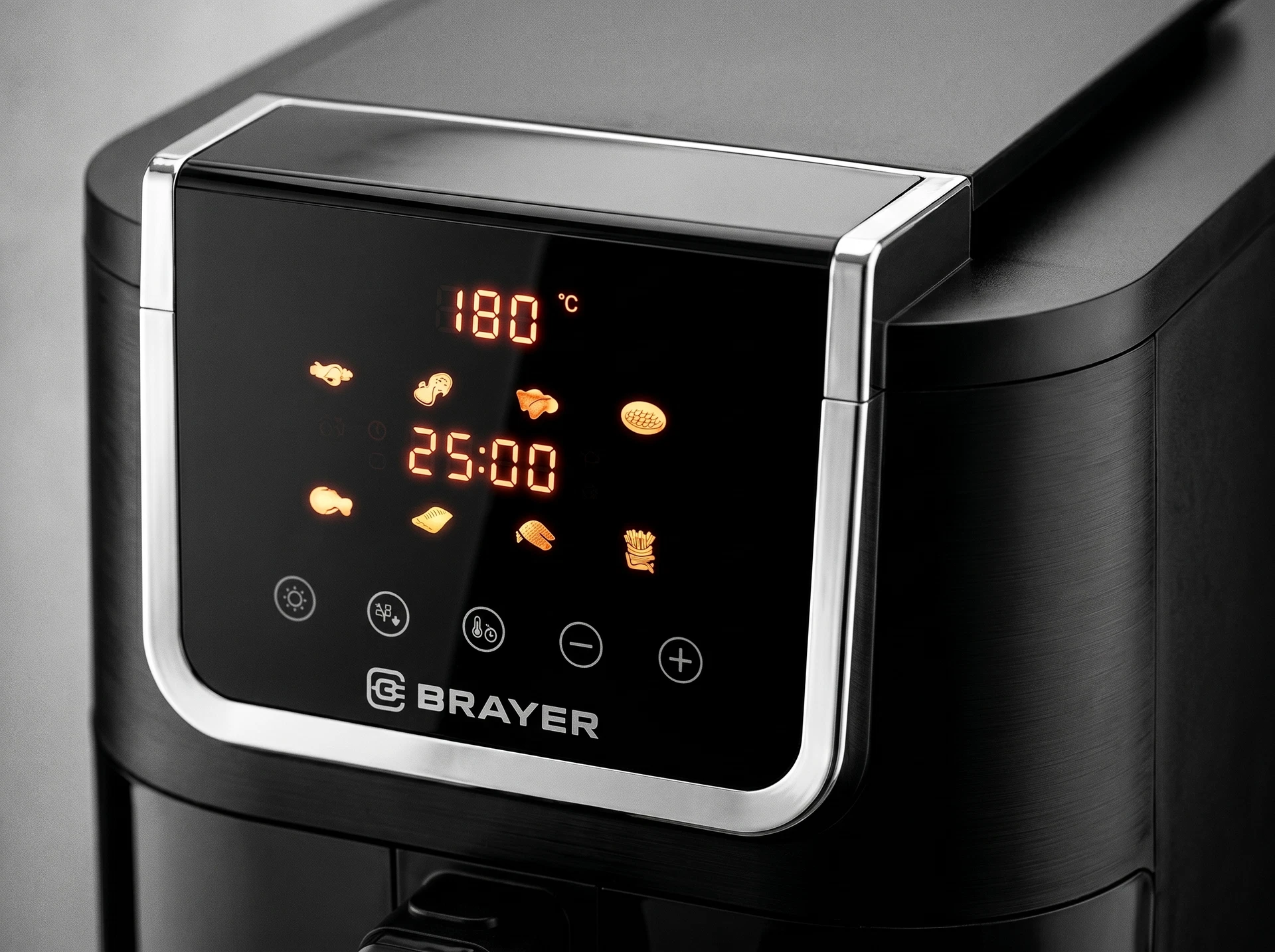 Brayer BR2041 аэрогриль — вид сбоку, чёрный корпус с прозрачной колбой