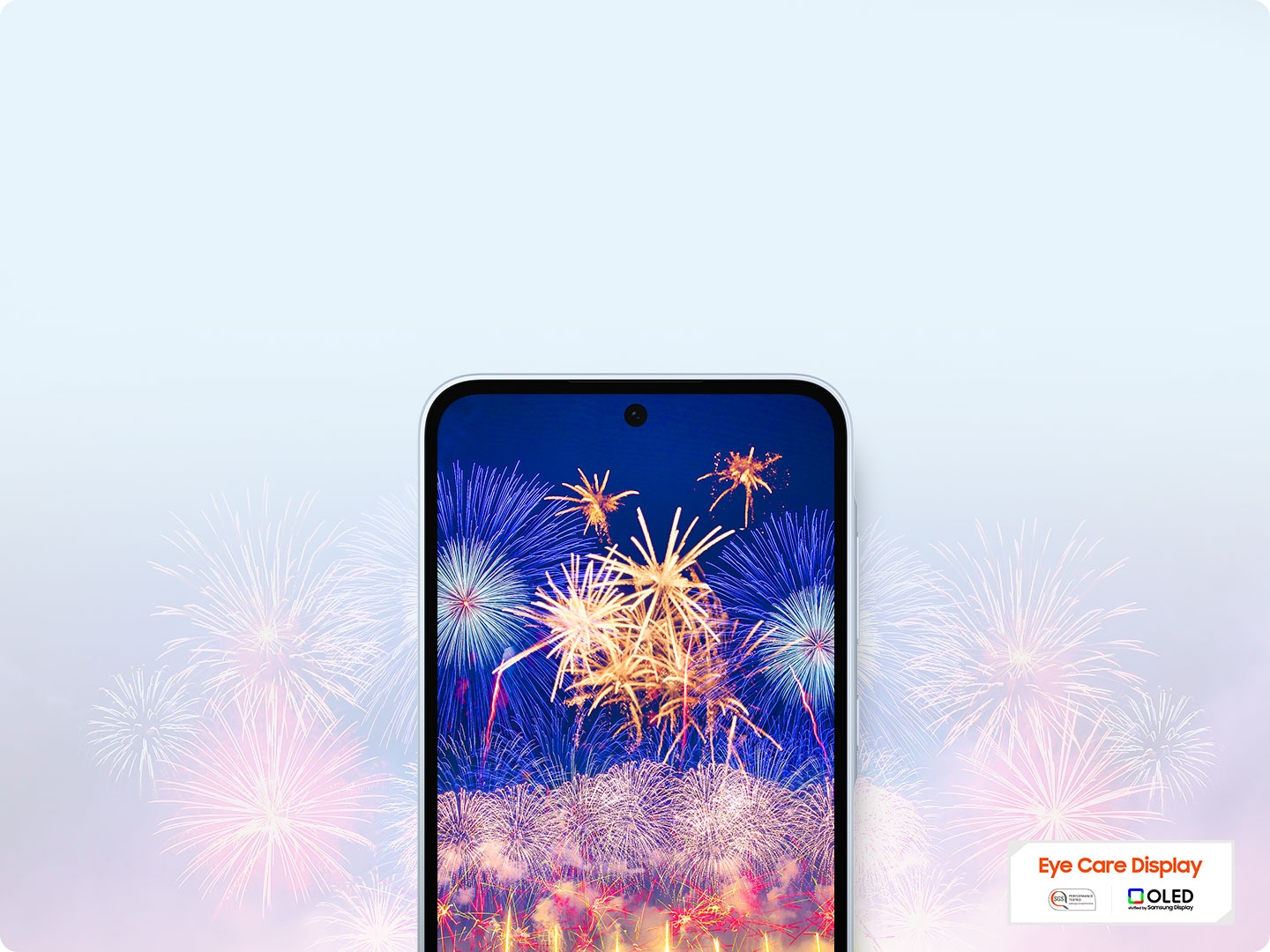 Смартфон с красочным фейерверком на экране. С текстом Eye Care Display и логотипом OLED-технологии.