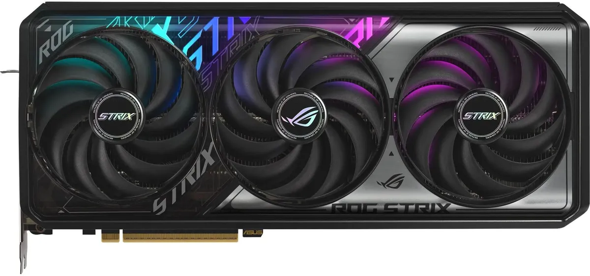 ASUS ROG STRIX RTX 5070 вид спереди три вентилятора RGB подсветка