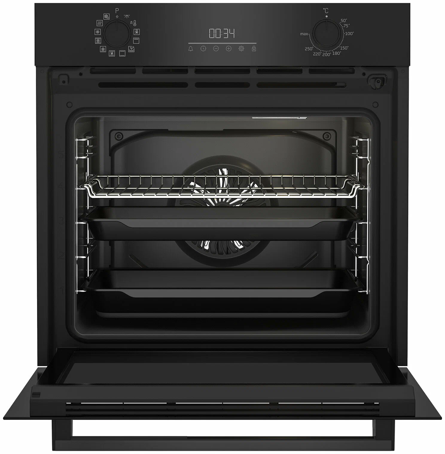 Beko BBIM18300SG вид спереди с открытой дверцей, внутренняя камера с решётками и панель управления