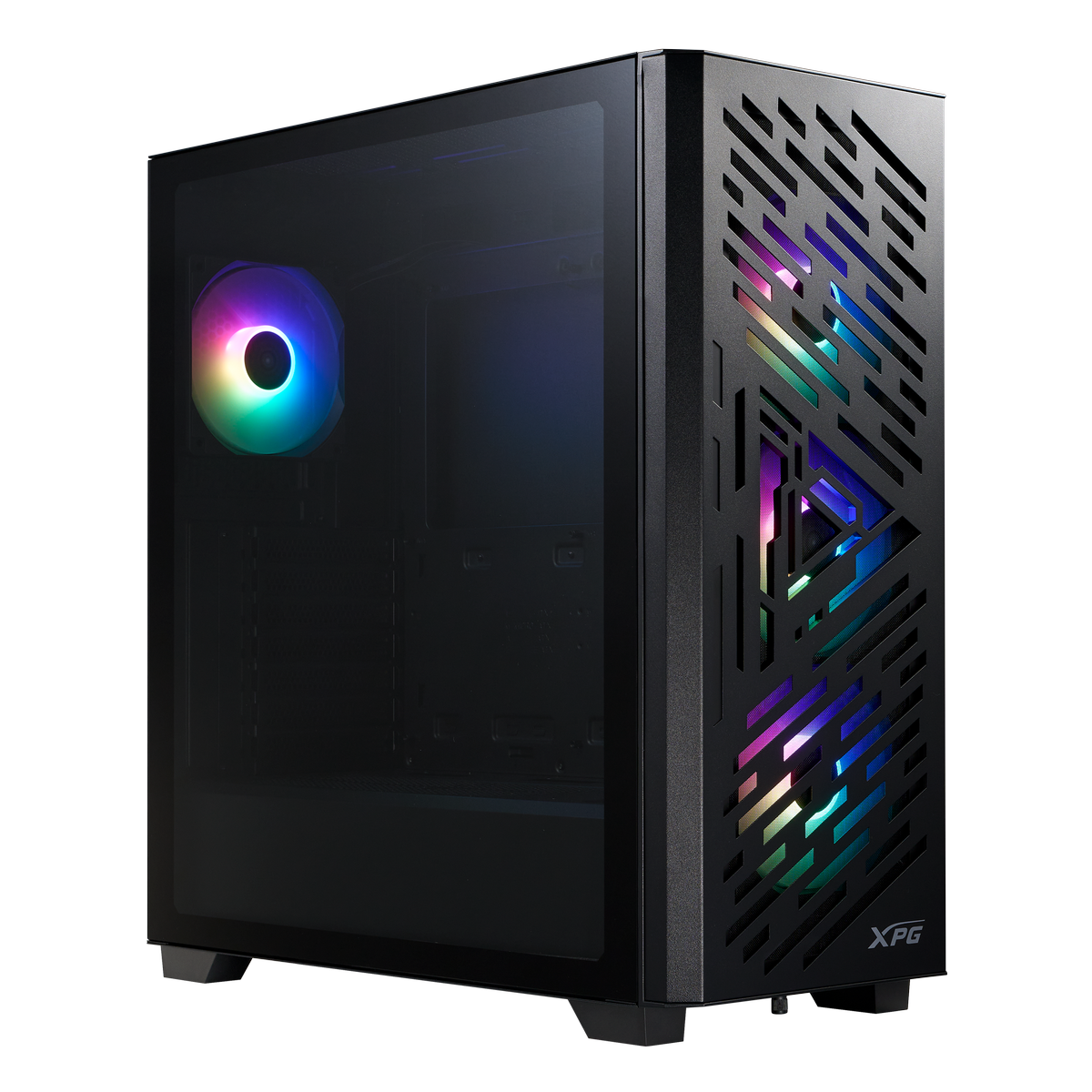 ADATA XPG LANDER 501 угловой вид с закалённым стеклом и RGB-подсвеченными вентиляторами