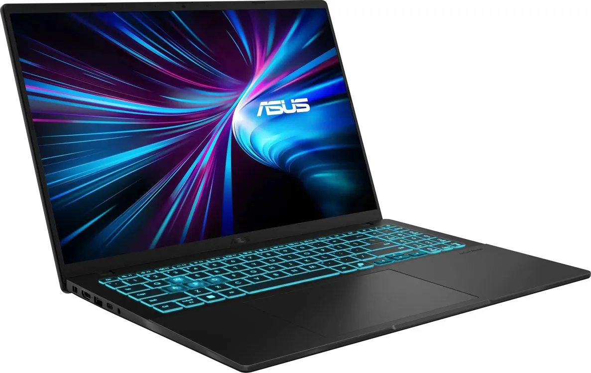 ASUS V16 V3607VM-TK198 вид спереди под углом, подсветка клавиатуры, игровой ноутбук