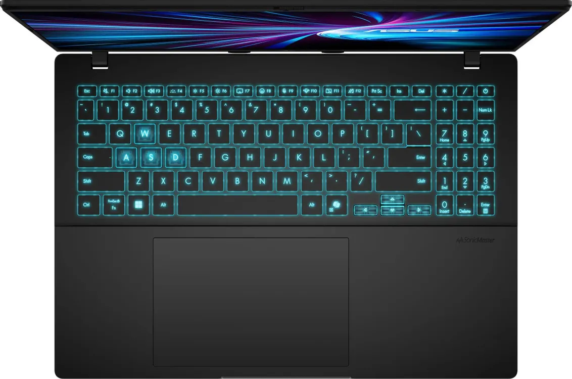 ASUS V16 V3607VM-TK198 клавиатура с голубой подсветкой и цифровым блоком, вид сверху