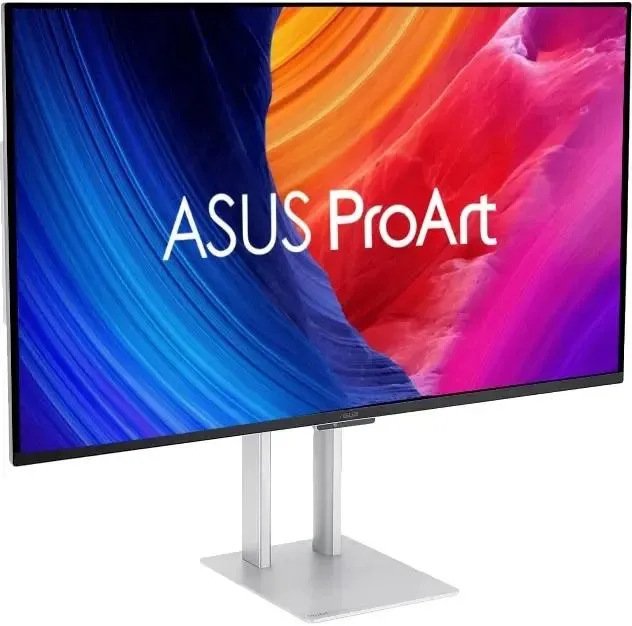 ASUS PA32UCDM вид спереди-сбоку, градиент синий-розовый демонстрирует цветопередачу OLED-панели