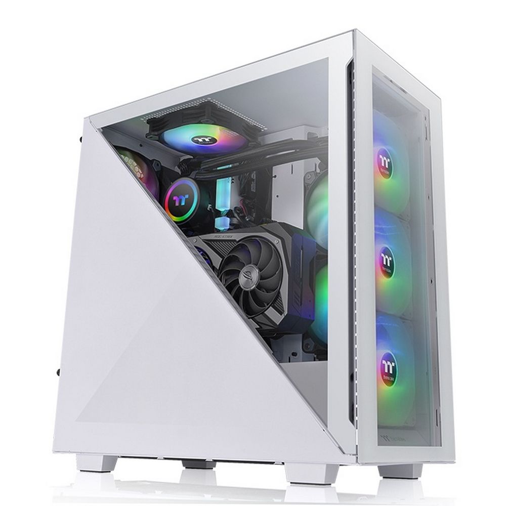 Thermaltake Divider 300 TG Snow ARGB вид под углом с RGB-подсветкой вентиляторов и прозрачной боковой панелью