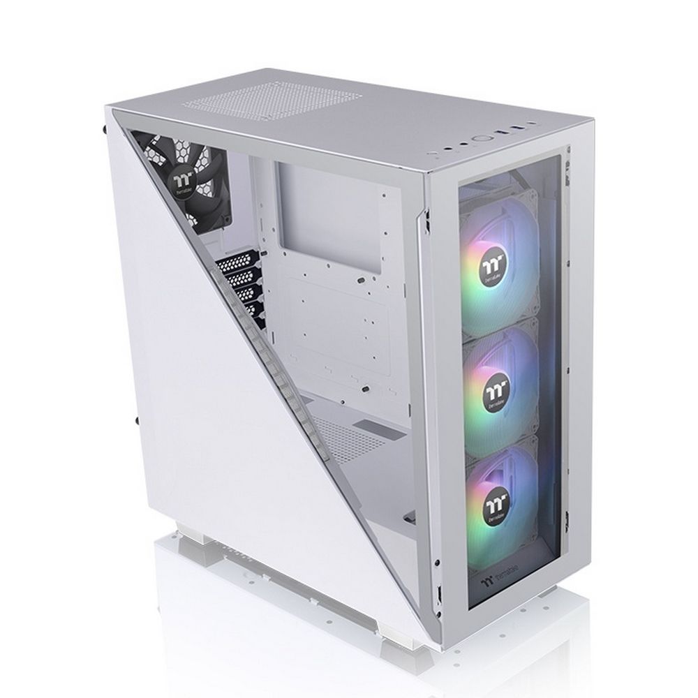 Thermaltake Divider 300 TG Snow ARGB фронтальный вид с тремя ARGB-вентиляторами и верхней панелью управления