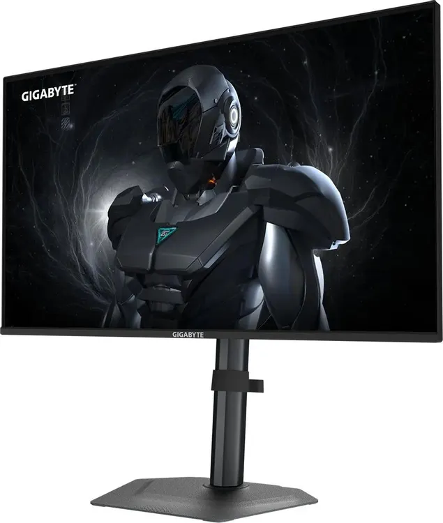 Gigabyte G25F2A EK игровой монитор боковой ракурс с киберпанк-контентом на экране