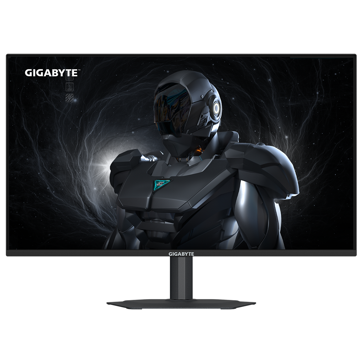 Gigabyte G25F2A EK фронтальный вид монитора на подставке с игровым контентом на экране
