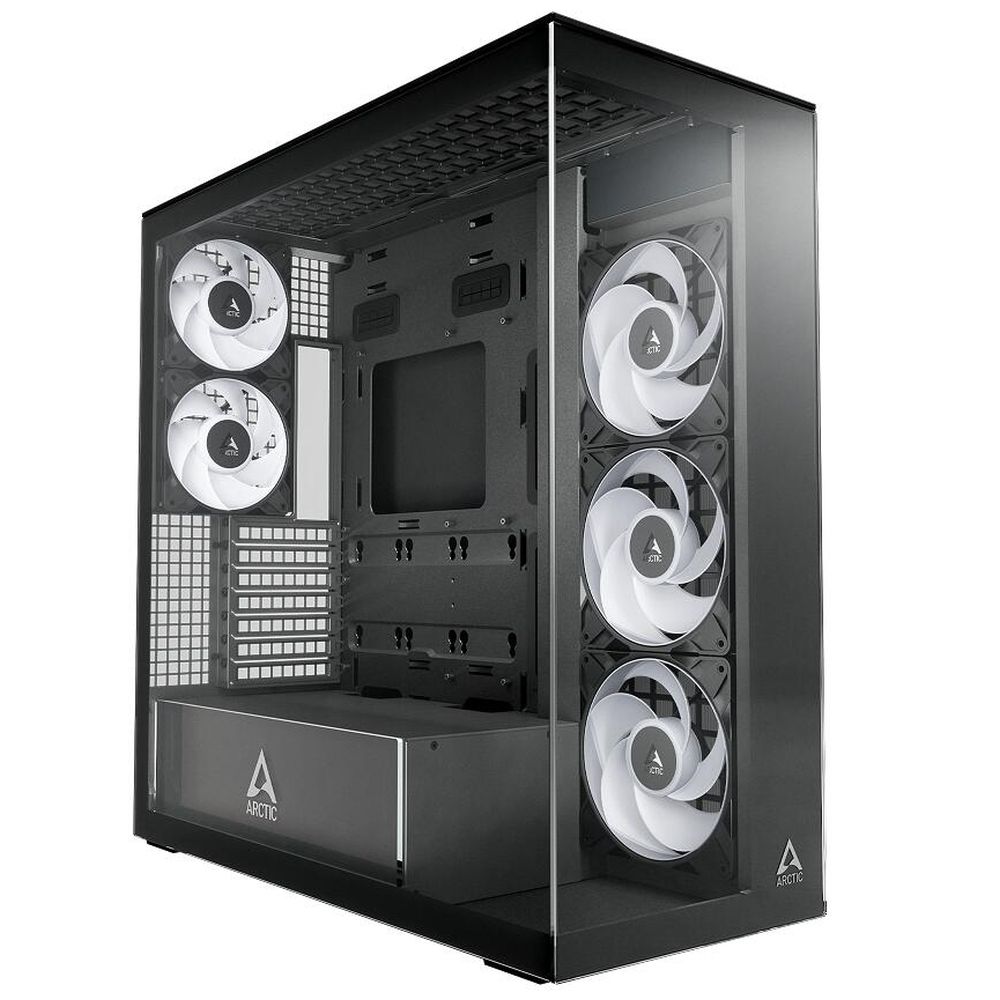 Arctic Xtender Clear ACPCC00023A вид спереди без подсветки, белые вентиляторы и кабельная разводка