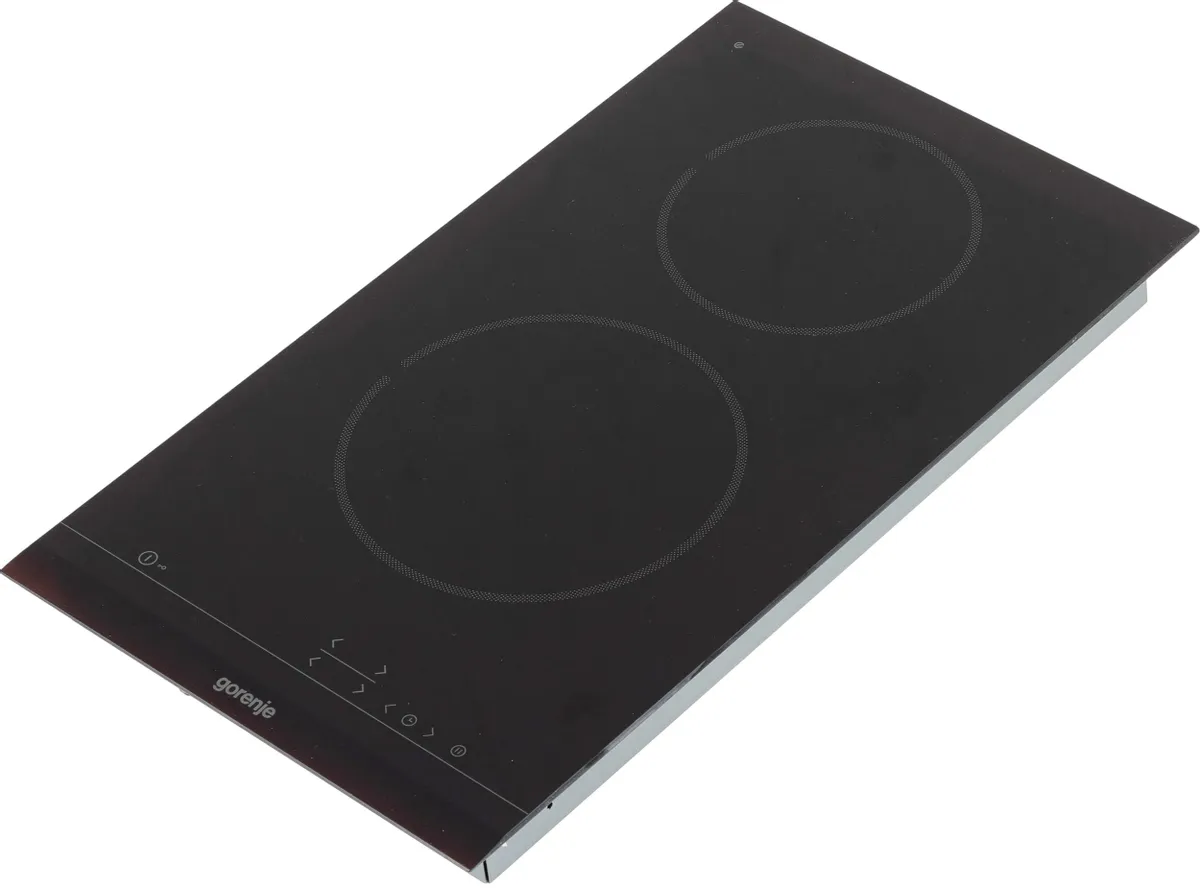 Gorenje ECT321BCSC вид сверху — чёрная стеклокерамическая поверхность с двумя круглыми конфорками и сенсорной панелью