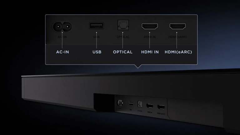TCL Q85H задняя панель &mdash; разъёмы AC-IN, USB, Optical, HDMI IN, HDMI eARC
