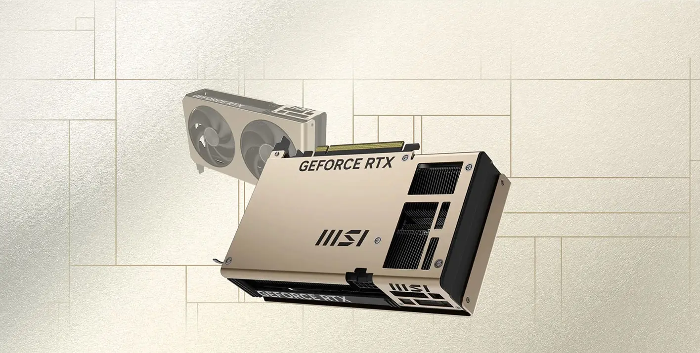 MSI RTX 5060 Ti INSPIRE 2X OC — вид сбоку, белый корпус, система охлаждения с двумя вентиляторами