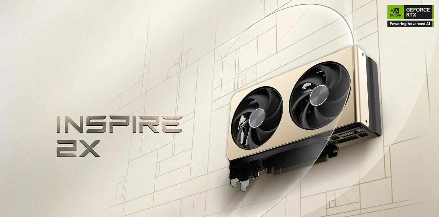 MSI RTX 5060 Ti INSPIRE 2X OC — вид спереди, два вентилятора с логотипом GeForce RTX