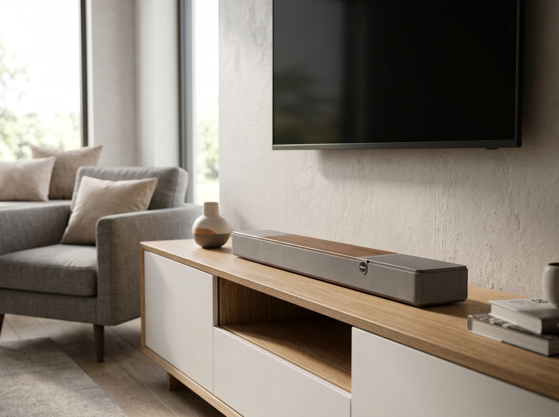 Klipsch Flexus Core 200 Walnut в интерьере гостиной под телевизором
